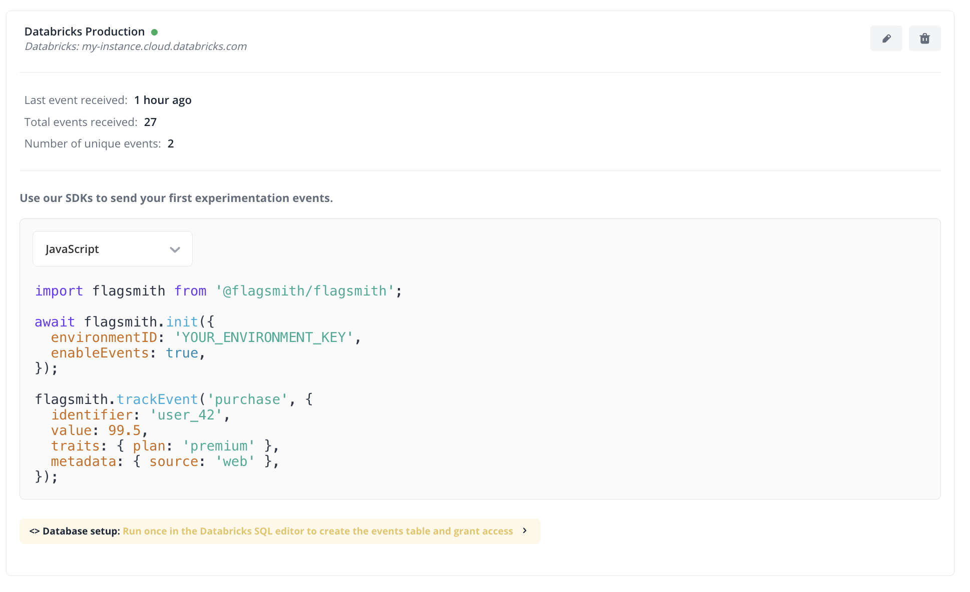 A connected Databricks warehouse card showing the last event received, total events and unique event names